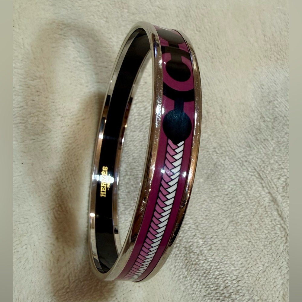 Authentic Hermes pink black silver tone cloisonné bracelet.